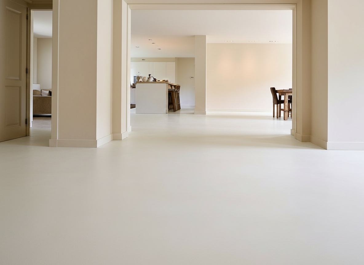 Doorlopende microcement vloer van hal naar woonkamer en keuken