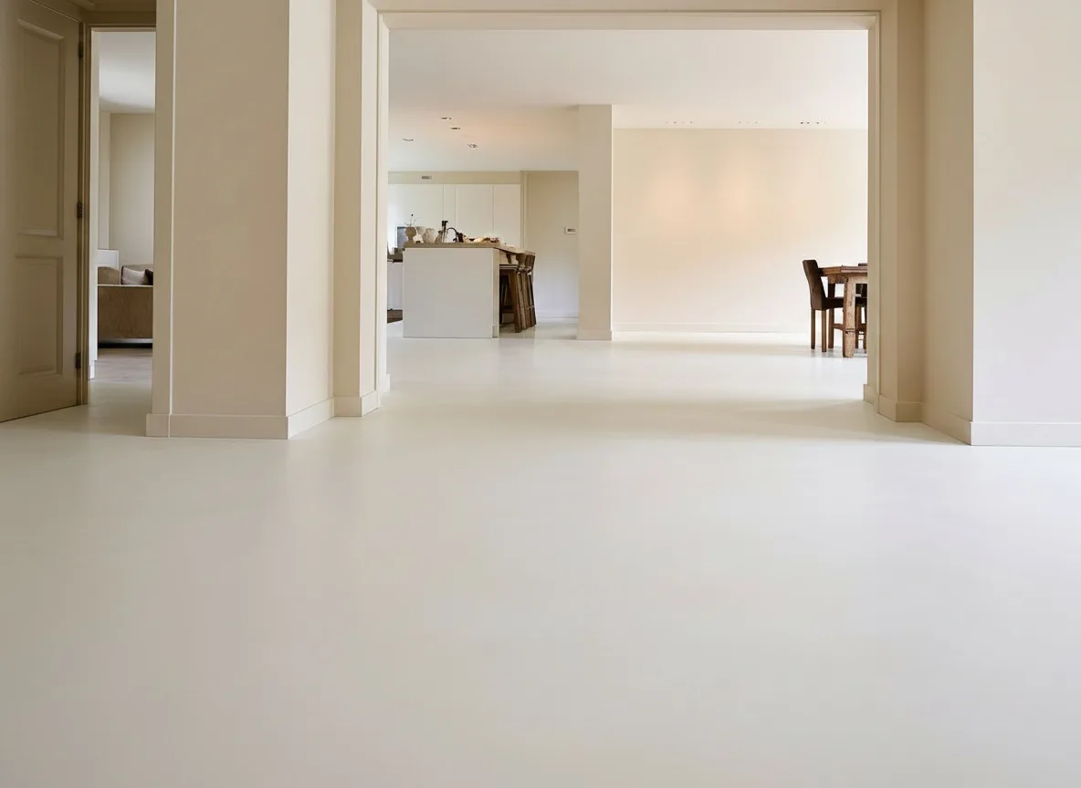Doorlopende microcement vloer van hal naar woonkamer en keuken